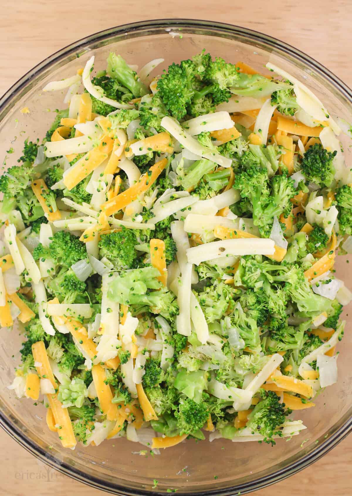 broccoli and cheese filling in glass mixing bowl.