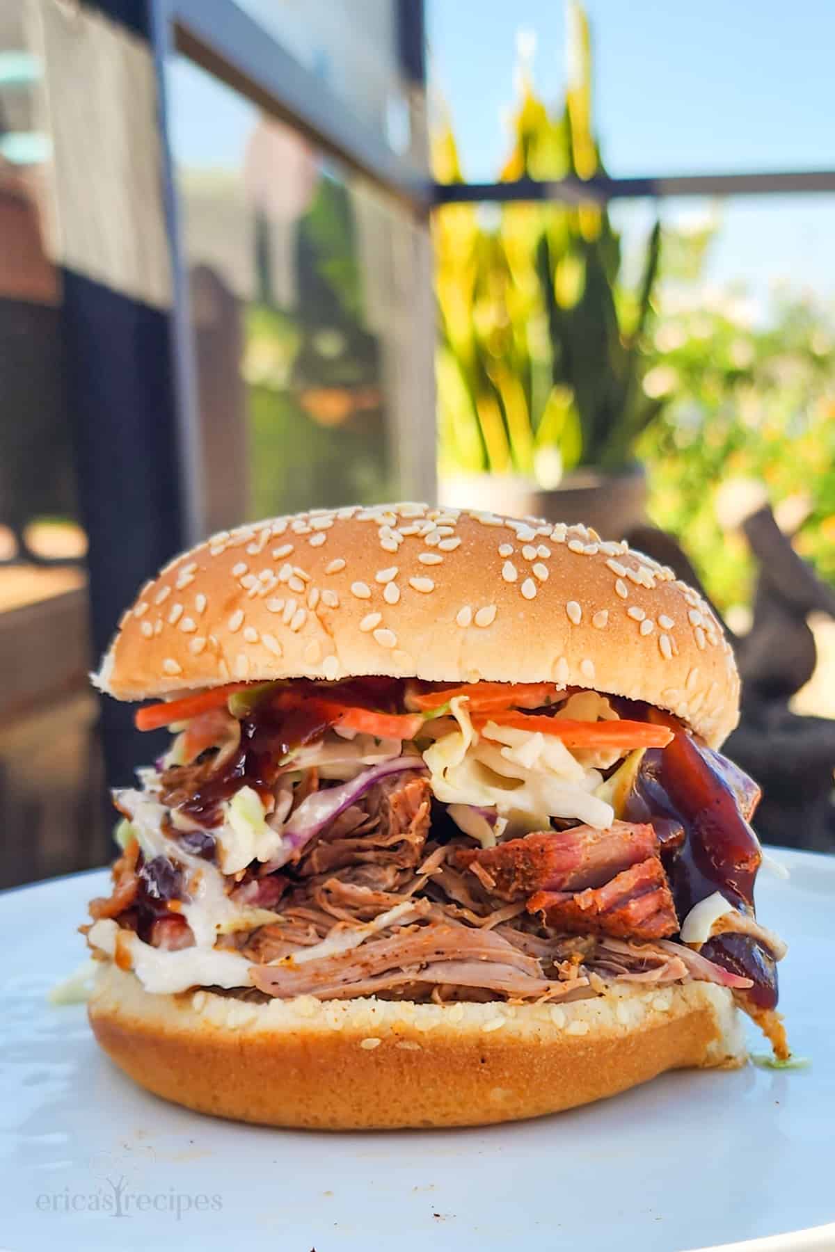 pulled pork sandwich with coleslaw on a white plate
