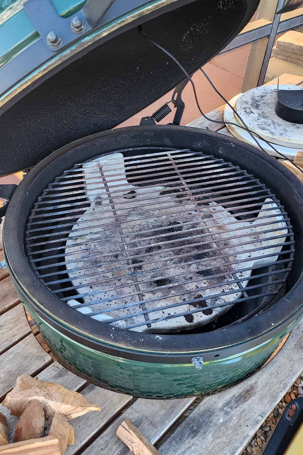 view into Big Green Egg showing placement of plate setter