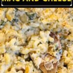 image for pinterest with text overlay recipe title Poblano Mac and Cheese