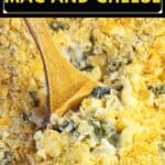 image for pinterest with text overlay recipe title Poblano Mac and Cheese