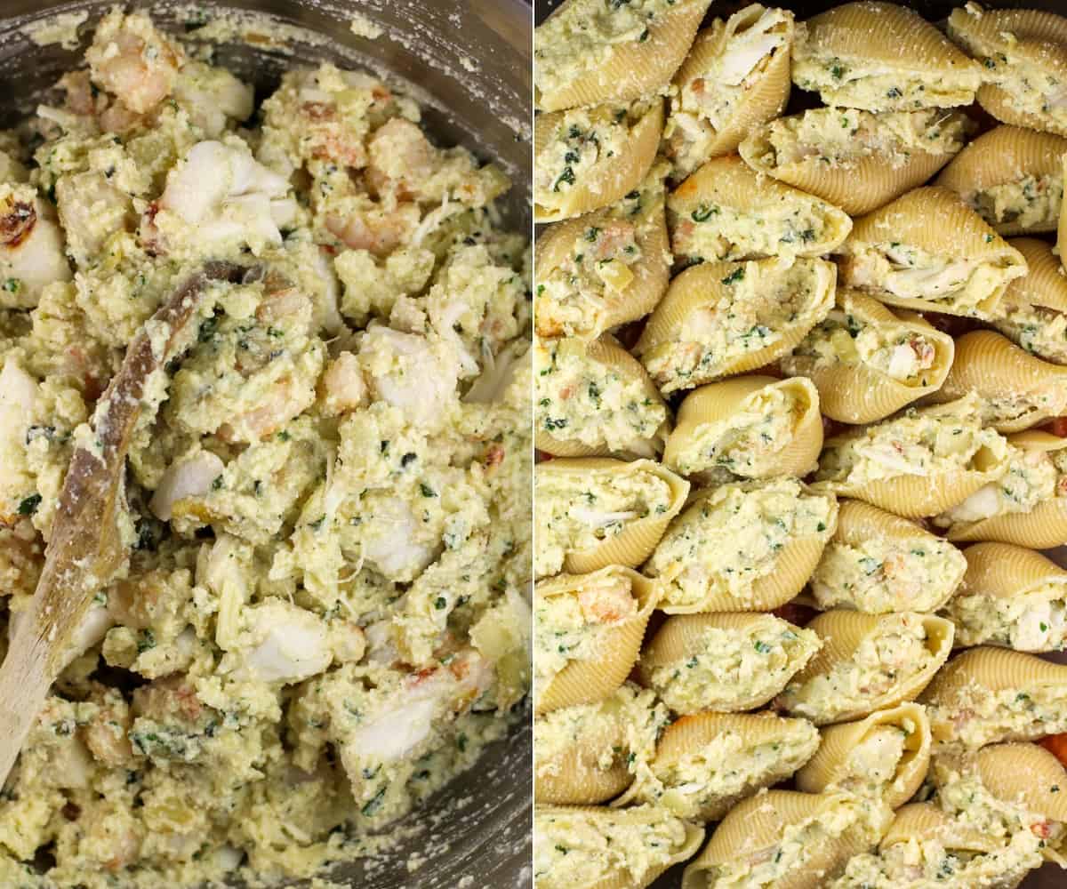 2 photos: ricotta seafood filling and stuffed shells