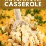 image for pinterest with text overlay recipe title Cheesy Chicken Macaroni Casserole