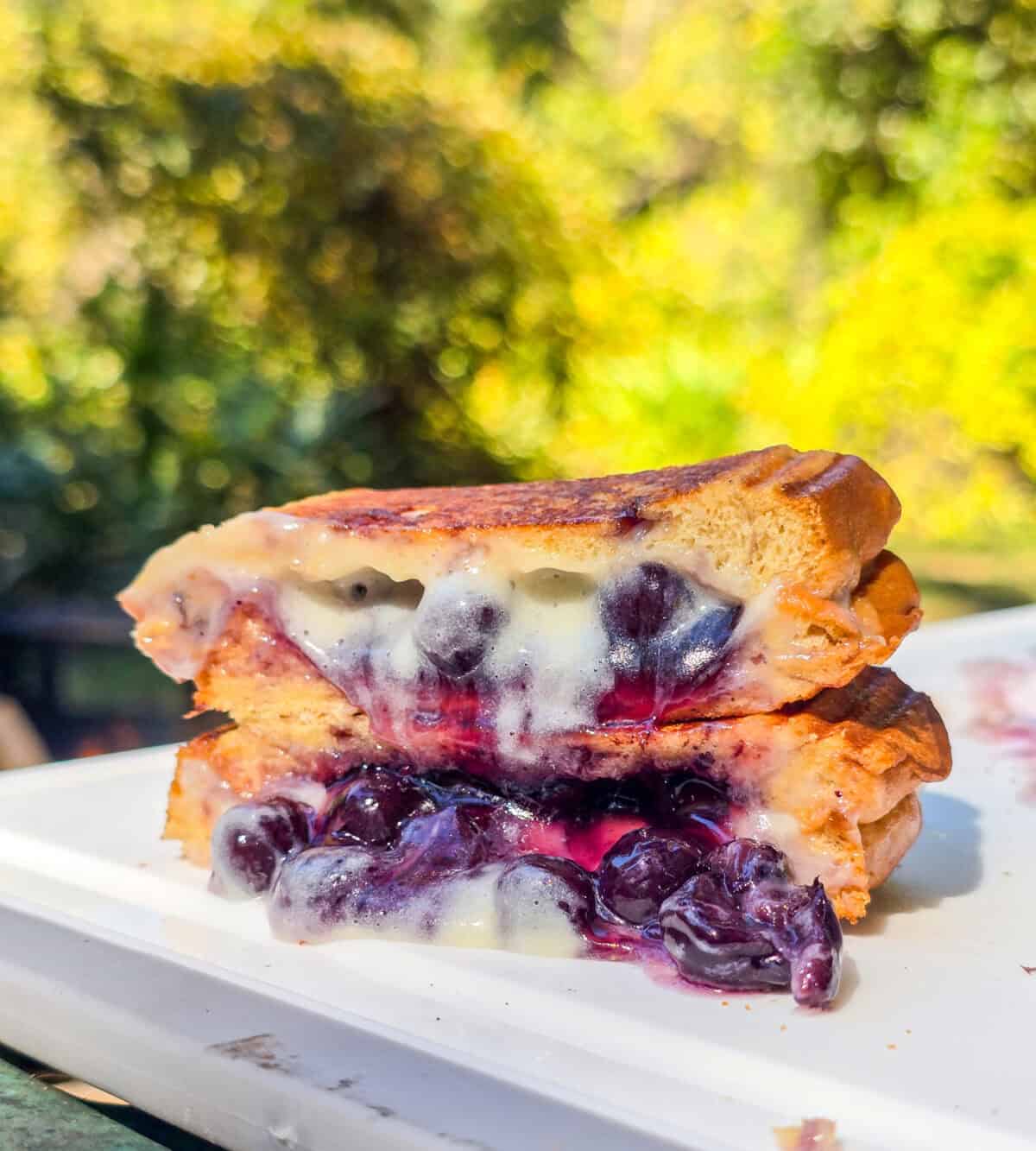cross-section of blueberry brulee hand pie showing the toasty bread and creamy fillings on white surface