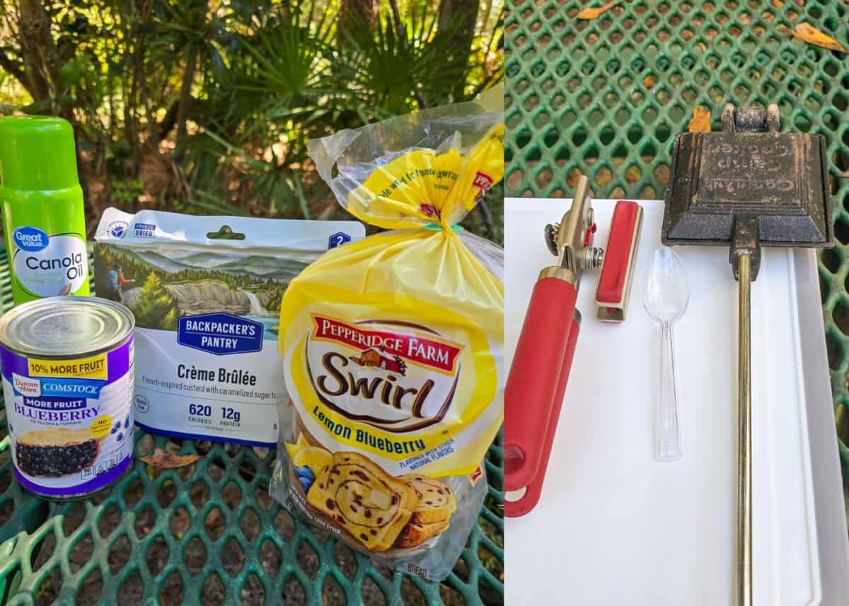 collage of 2 photos: left, recipe ingredients in their packaging; right, can opener, clear plastic spoon, and pie iron on white surface