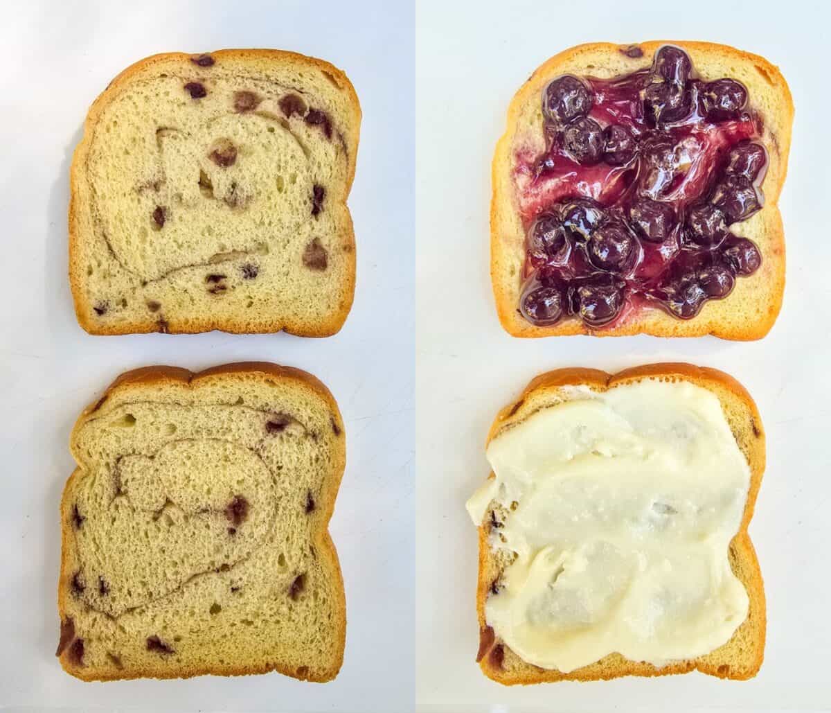 collage of 2 photos: left, 2 slices bread on white surface; right, once bread slice topped with blueberry pie filling and another slice topped with brulee