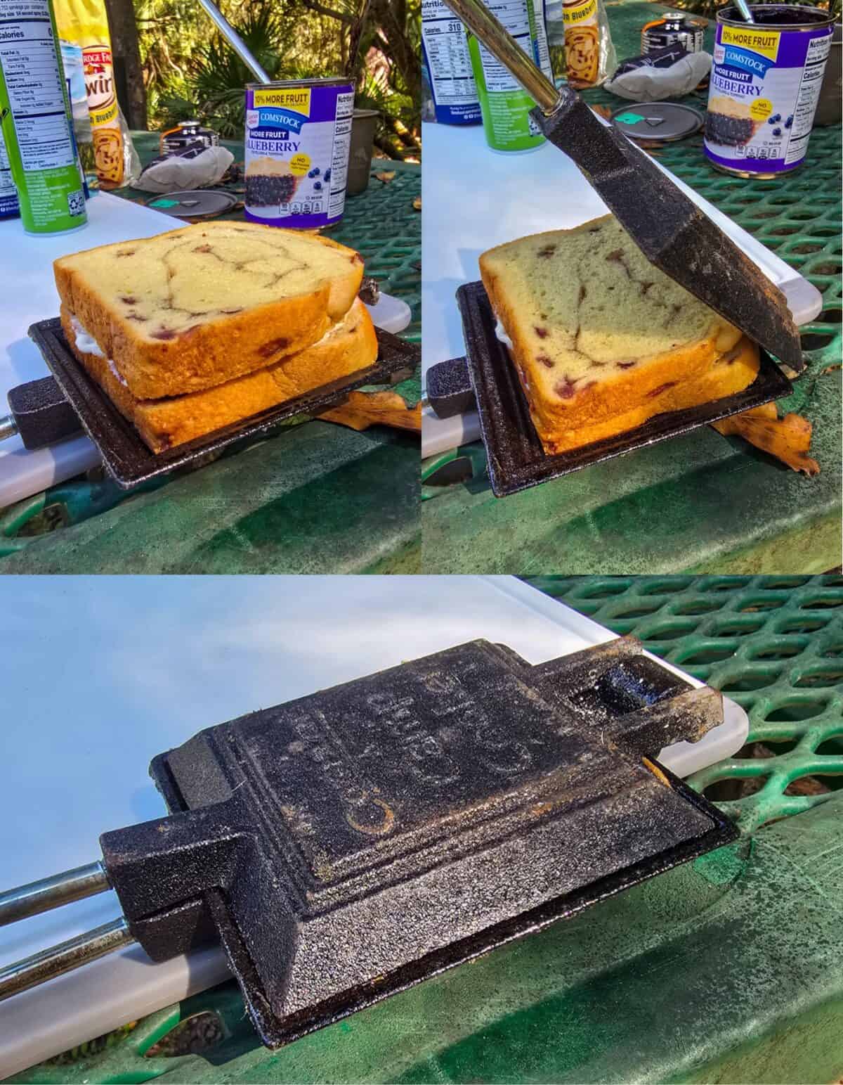 collage of 3 photos: top left, assembled hand pie on 1 half of pie iron; top right, top piece of pie iron attached to bottom piece; bottom, closed pie iron