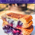 image for Pinterest sharing with recipe image and text overlay or recipe title Blueberry Brulee Hand Pies, a pie iron campfire recipe