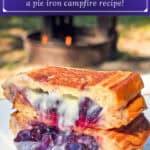 image for Pinterest sharing with recipe image and text overlay or recipe title Blueberry Brulee Hand Pies, a pie iron campfire recipe