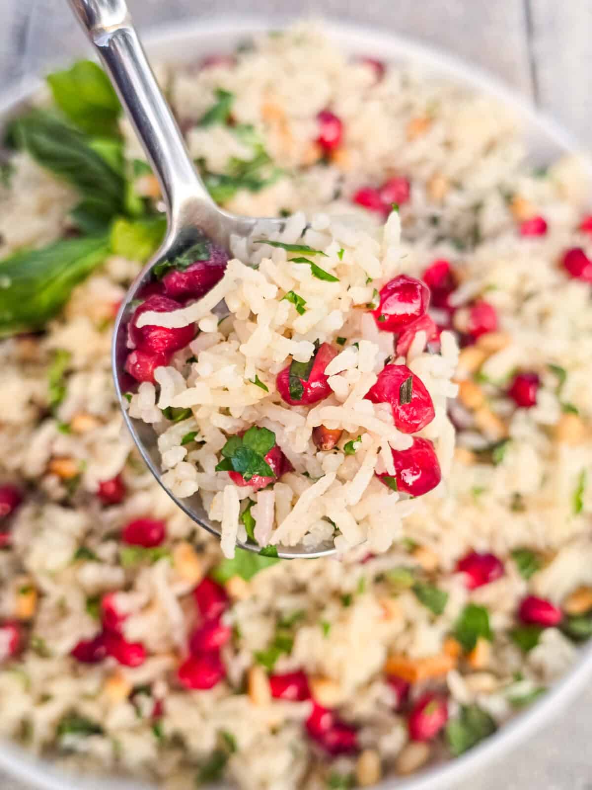 Pomegranate vegan rice pilaf with herbs and pine nuts in a white bowl, close-up.