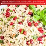 image for pinterest of prepared recipe with text overlay recipe title Christmas Rice Pilaf