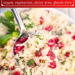 image for pinterest of prepared recipe with text overlay recipe title Christmas Rice Pilaf